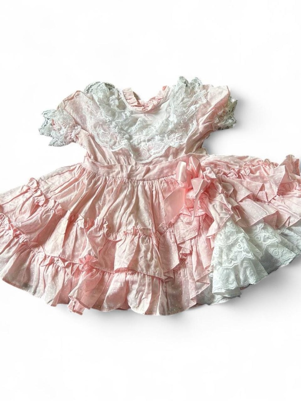 Pink Lace Ruffle Kids Dress with White Lace Trim